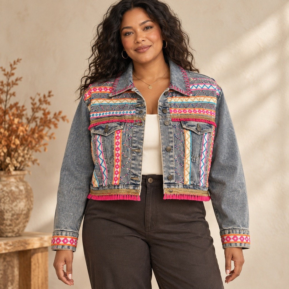 POL Denim Jacket Beaded Floral Cropped Womens M Light Wash Embellished Boho